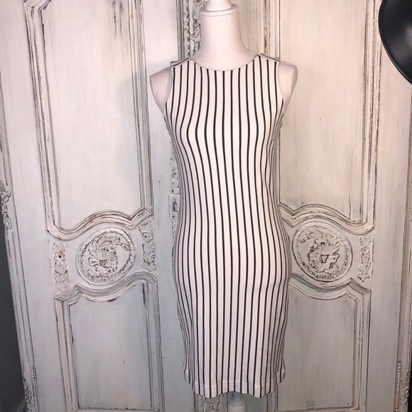 Banana Republic MadMen Navy on White Stripes Sleeveless Peekaboo Back Dress S/XS - Picture 1 of 11